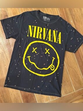 Nirvana Black Graphic Tee with Yellow Smiley Logo. Small.